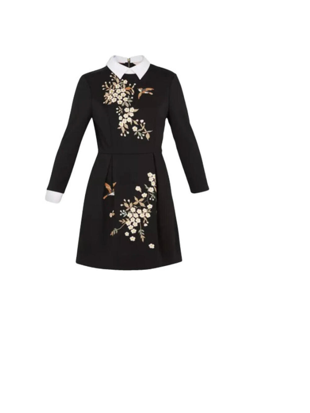 Ted Baker size 3 (8-10) black long sleeve collar floral embroidered mini dress C